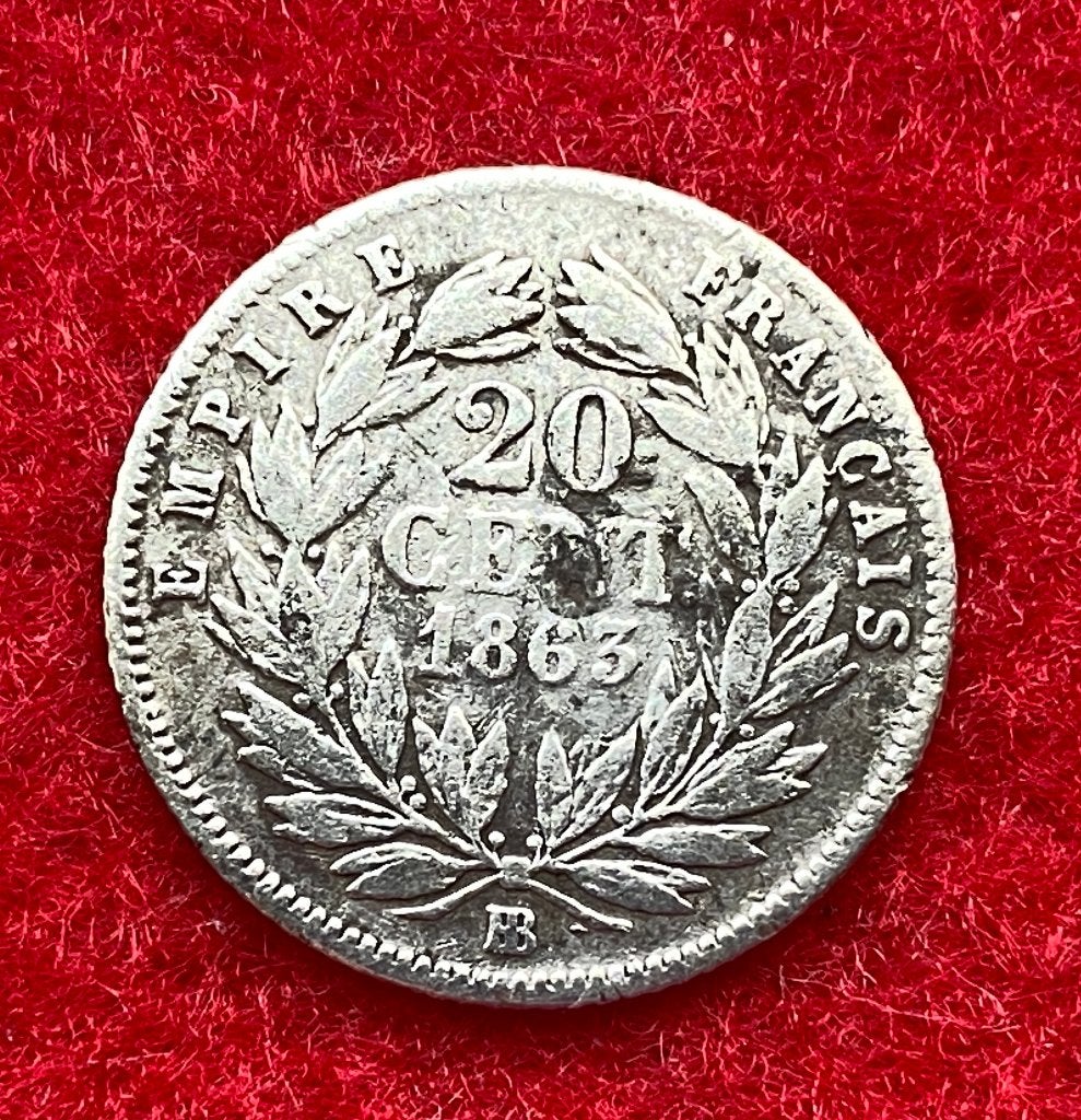 Très Rare: 20 Centimes France Napoléon III 1863 en Argent, Antiquités & Art, Enlèvement ou Envoi, Argent