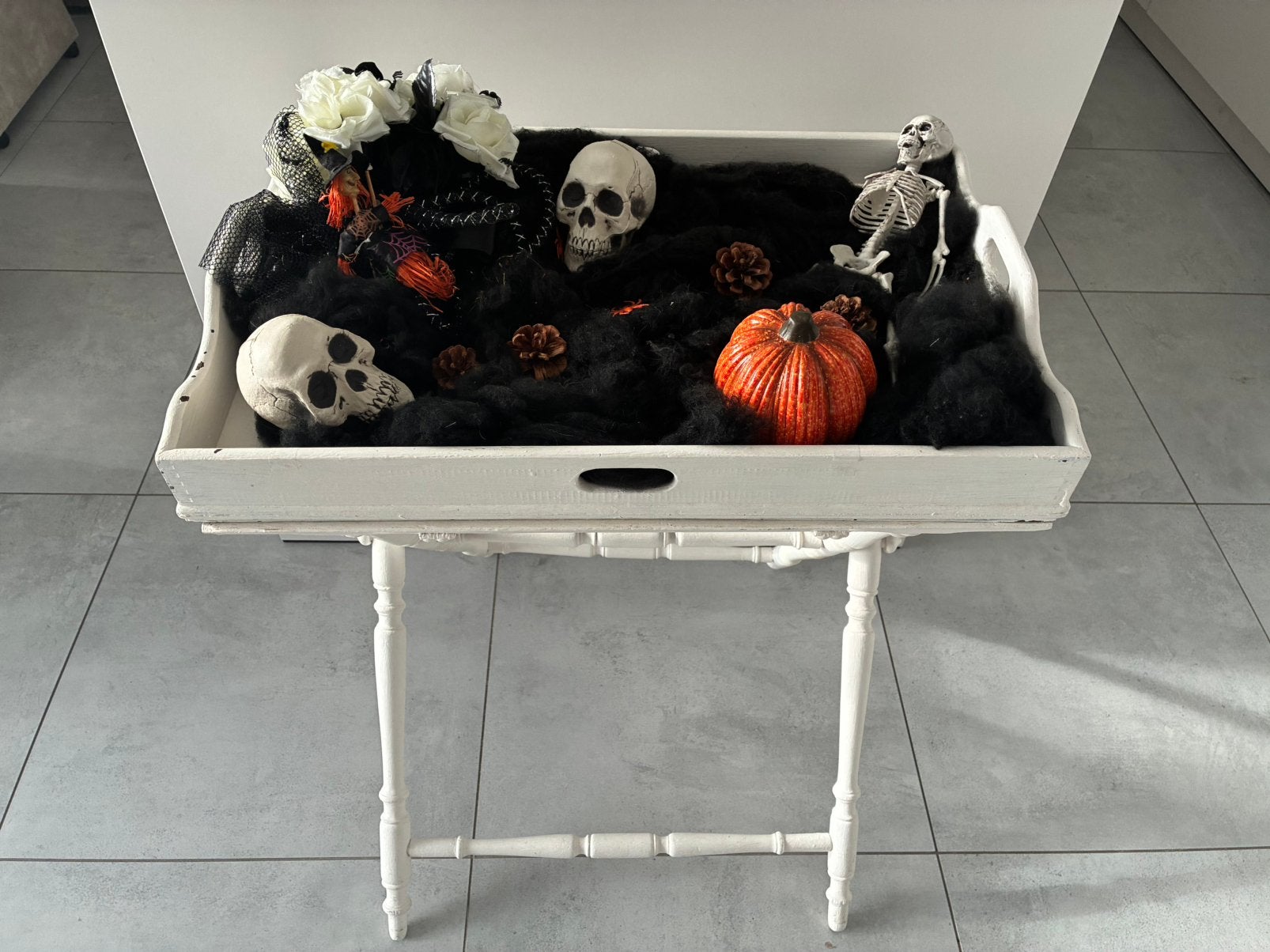 Witte Houten Butler Tray – Cottage Stijl (Dienbladtafel), Ophalen, Gebruikt, Afneembaar, Hout