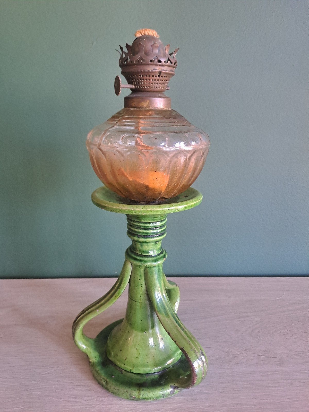 Vintage antieke groene olielamp Brevete L&B  19e eeuw, Ophalen