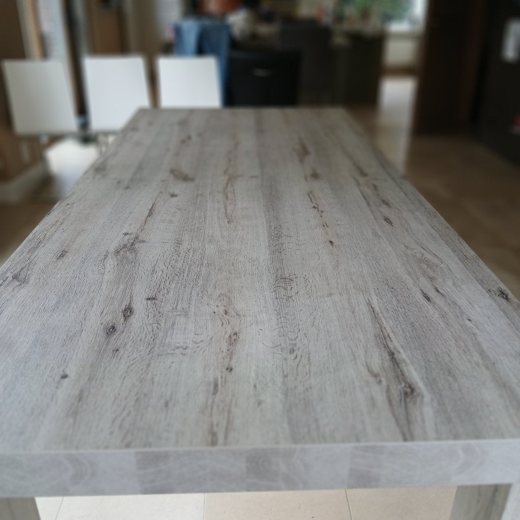 Grote grijze houten eettafel, Huis en Inrichting, Tafels | Eettafels, Ophalen, 100 tot 150 cm, 200 cm of meer, Vijf personen of meer