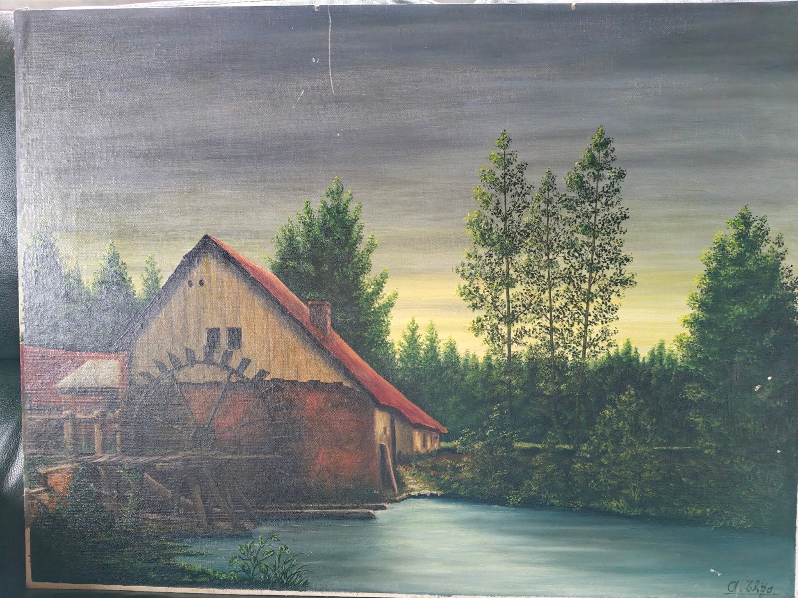 olieverfschilderij op doek, donker landschap met  molen, Ophalen, Landschap, Doek
