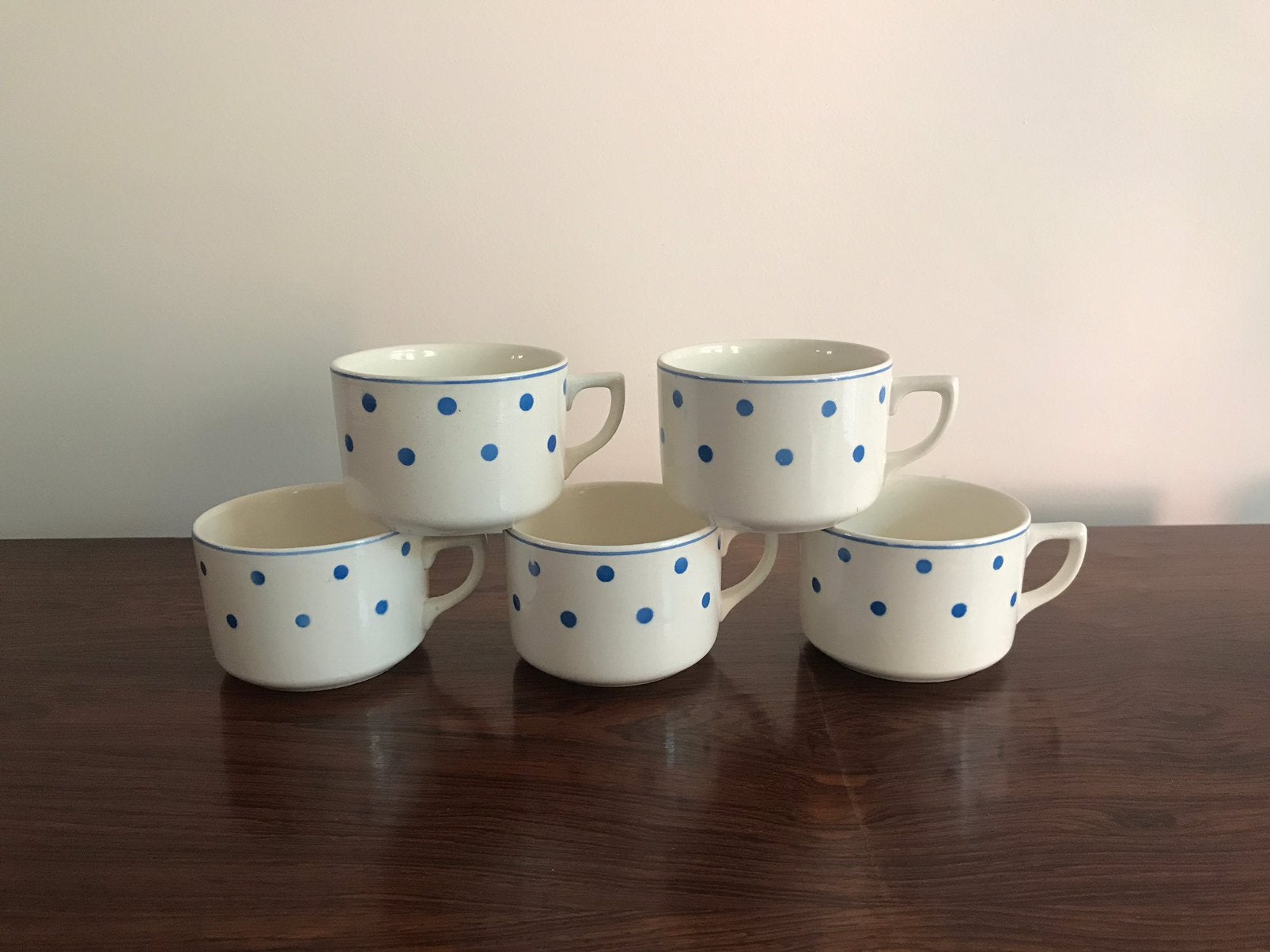Set van 5 kopjes tasjes blauwe bolletjes stippen Granit, Enlèvement ou Envoi