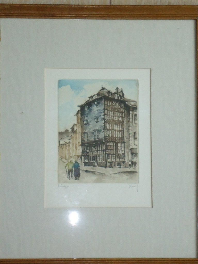 Aquarelle Maison Havart à Liège signée LINCH gekaderd, glas, Ophalen of Verzenden, Aquarel, Papier