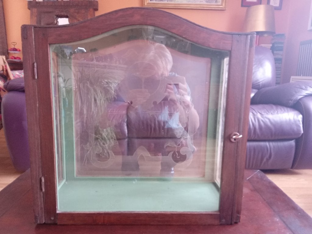 Vitrine ancienne en bois et verre sablé., Maison & Meubles, Armoires | Vitrines, Utilisé, Moins de 100 cm, 50 à 100 cm, Moins de 25 cm
