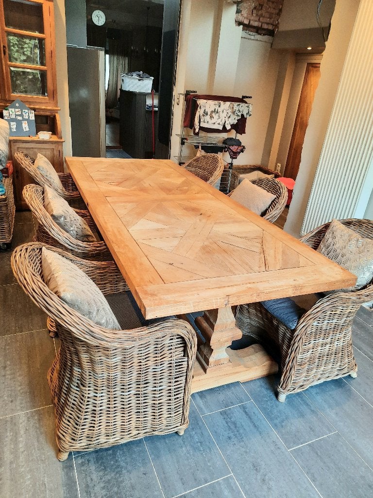 Kloostertafel + 6 rotan stoelen, Huis en Inrichting, Ophalen, 100 tot 150 cm, Zo goed als nieuw, Rechthoekig