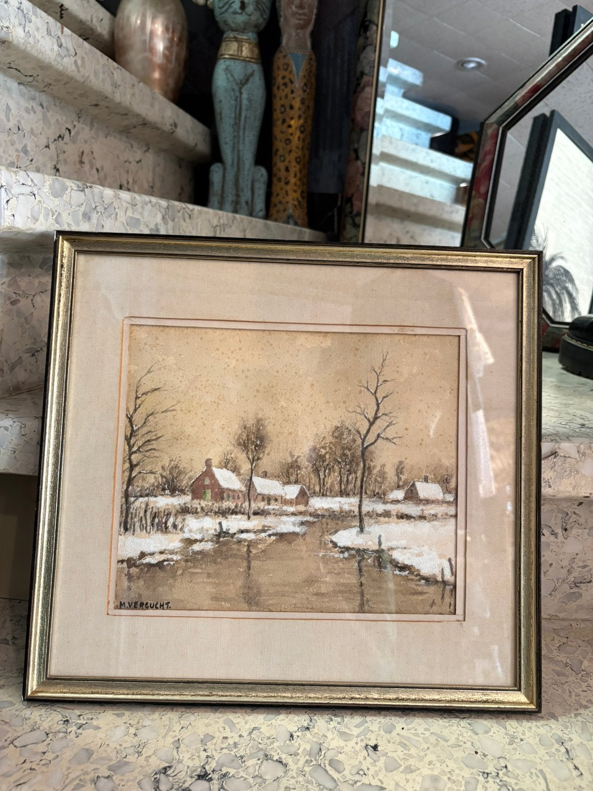 Schilderij winterlandschap St.Lievens Esse M.VERGUCHT, Ophalen of Verzenden, Gesigneerd