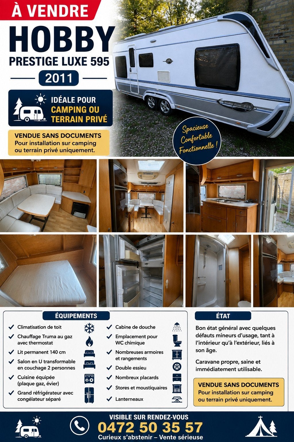 Caravane HOBBY PRESTIGE LUXE 595 – 2011 – sans  documents !!, Particulier