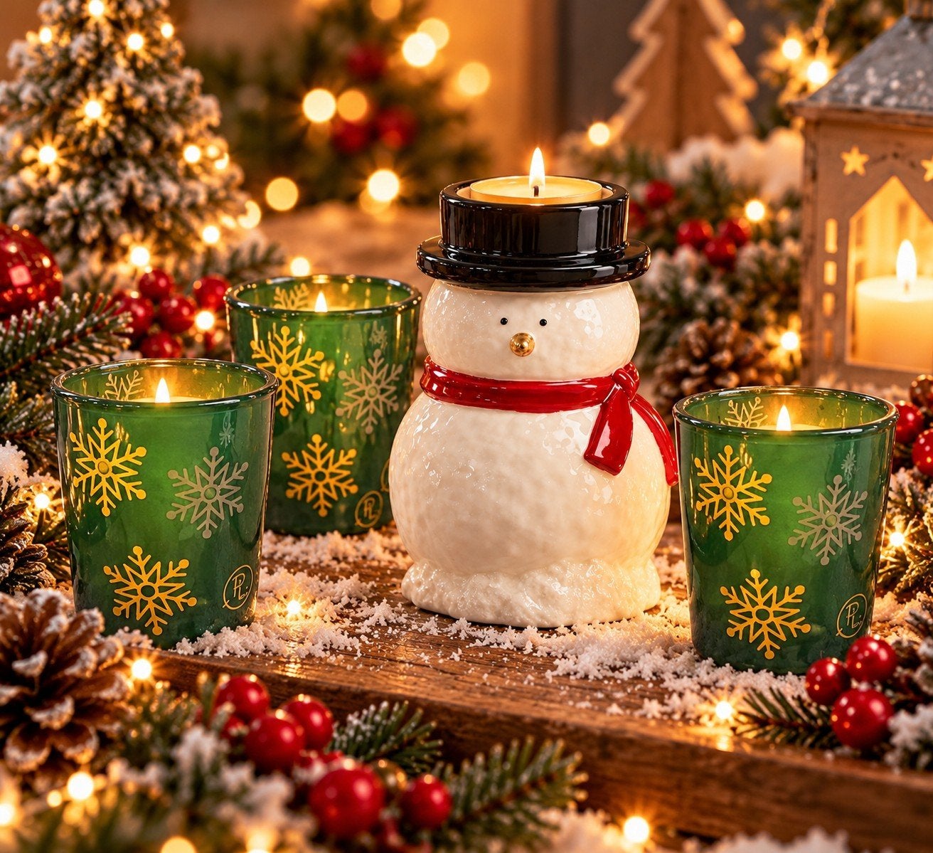 PartyLite Kerst Sneeuwman & 3 Minted Snowflake theelichtjes, Ophalen of Verzenden, Nieuw