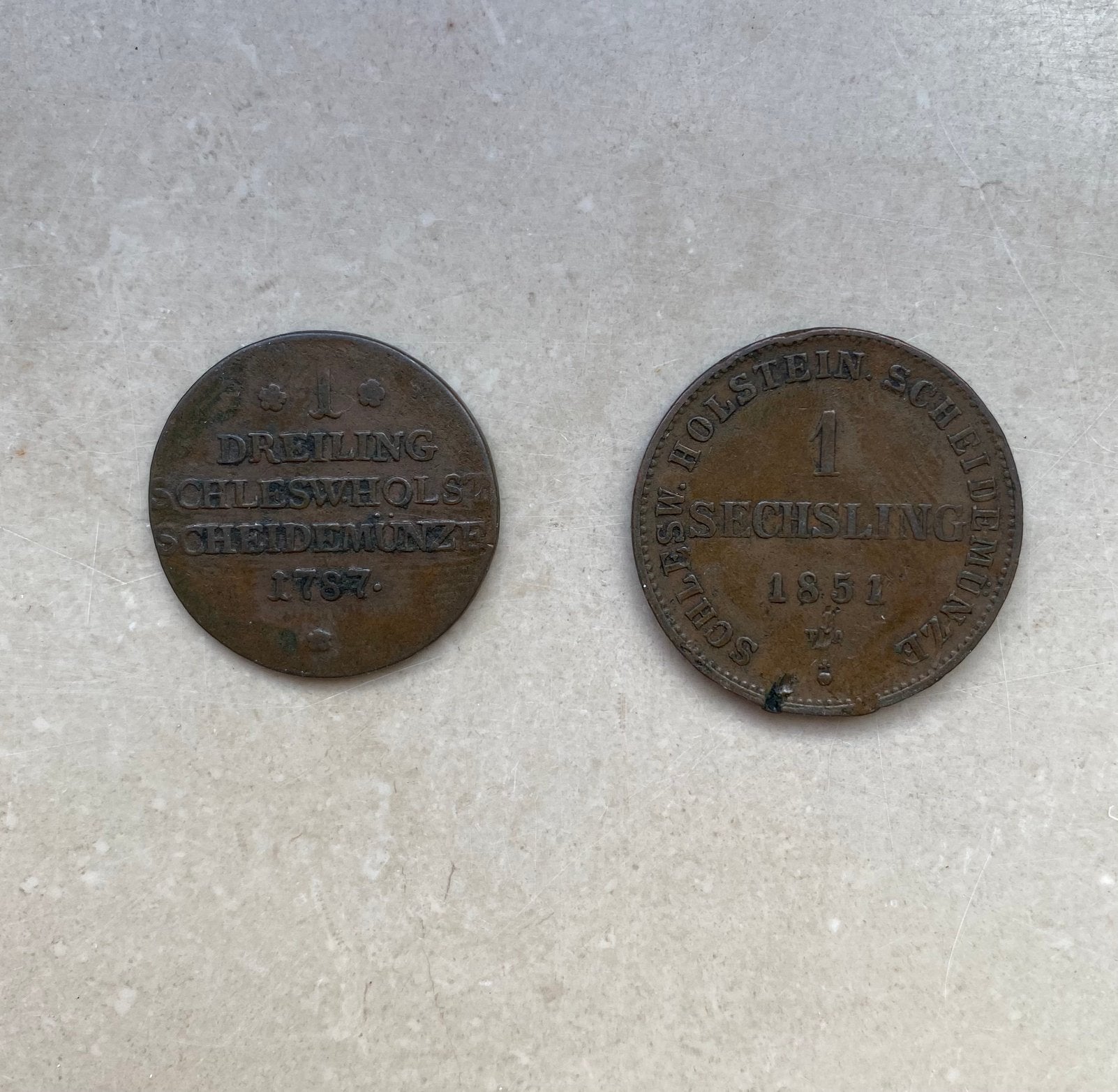 Lot pièces Schleswig-Holstein Dreiling 1787 Sechsling 1851, Enlèvement ou Envoi