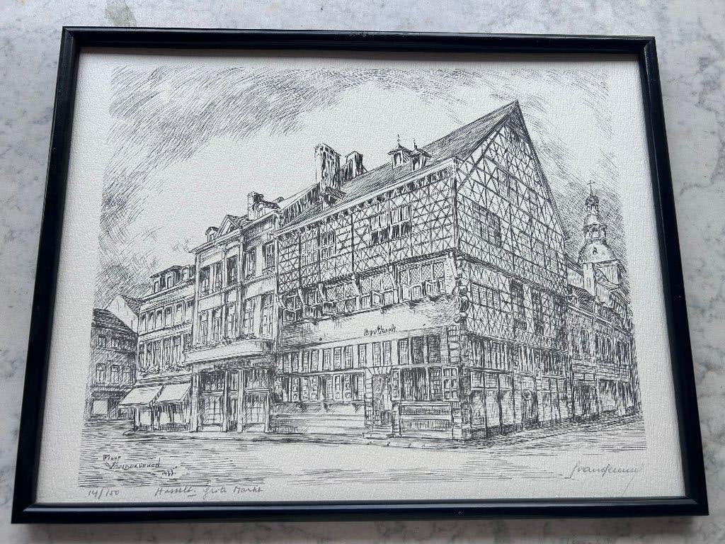 Tekening Grote Markt Hasselt, Antiek en Kunst, Kunst | Schilderijen | Klassiek, Ophalen of Verzenden, Gesigneerd, Tekening, Stads- / dorpsgezicht