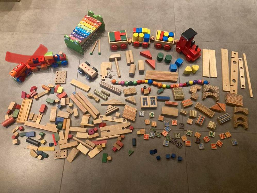 Houten speelgoed: trein, blokken, xylofoon (6 kg), Ophalen of Verzenden, Gebruikt, Overige typen
