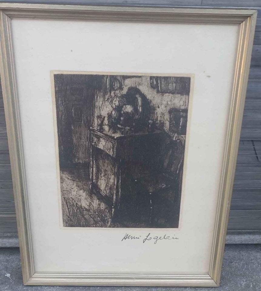 Gravure intérieur de maison signe henri logelain, Antiquités & Art, Enlèvement ou Envoi, Gravure