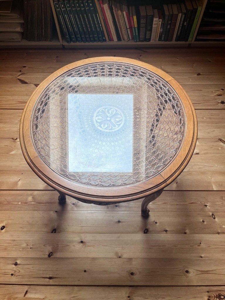 Table en basse en bois avec cercle en verre, Maison & Meubles, Chêne, Rond, 50 à 100 cm, Comme neuf
