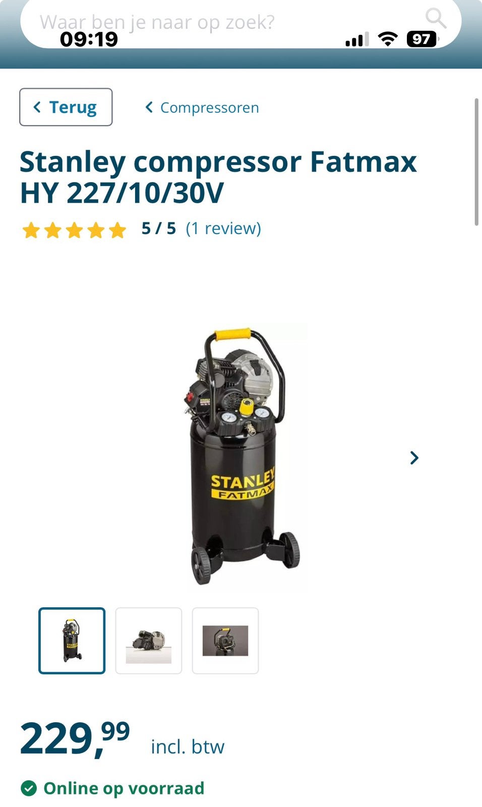 Stanley Compressor HY 227/10/30V – 30L – 1500W – 10 bar, 25 tot 100 liter, Ophalen, Zo goed als nieuw, 10 bar of meer