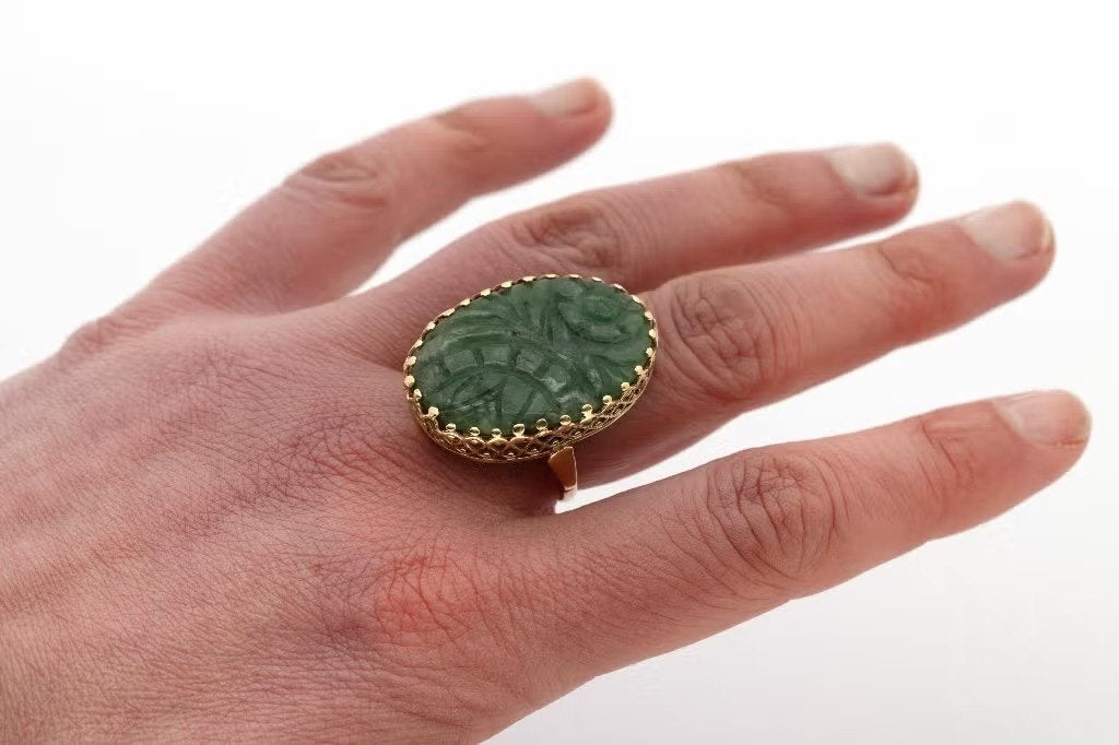 Robuuste Jade nefriet 14k gouden vintage ring dame luxe, Ophalen of Verzenden, Zo goed als nieuw, Dame of Heer, Met edelsteen