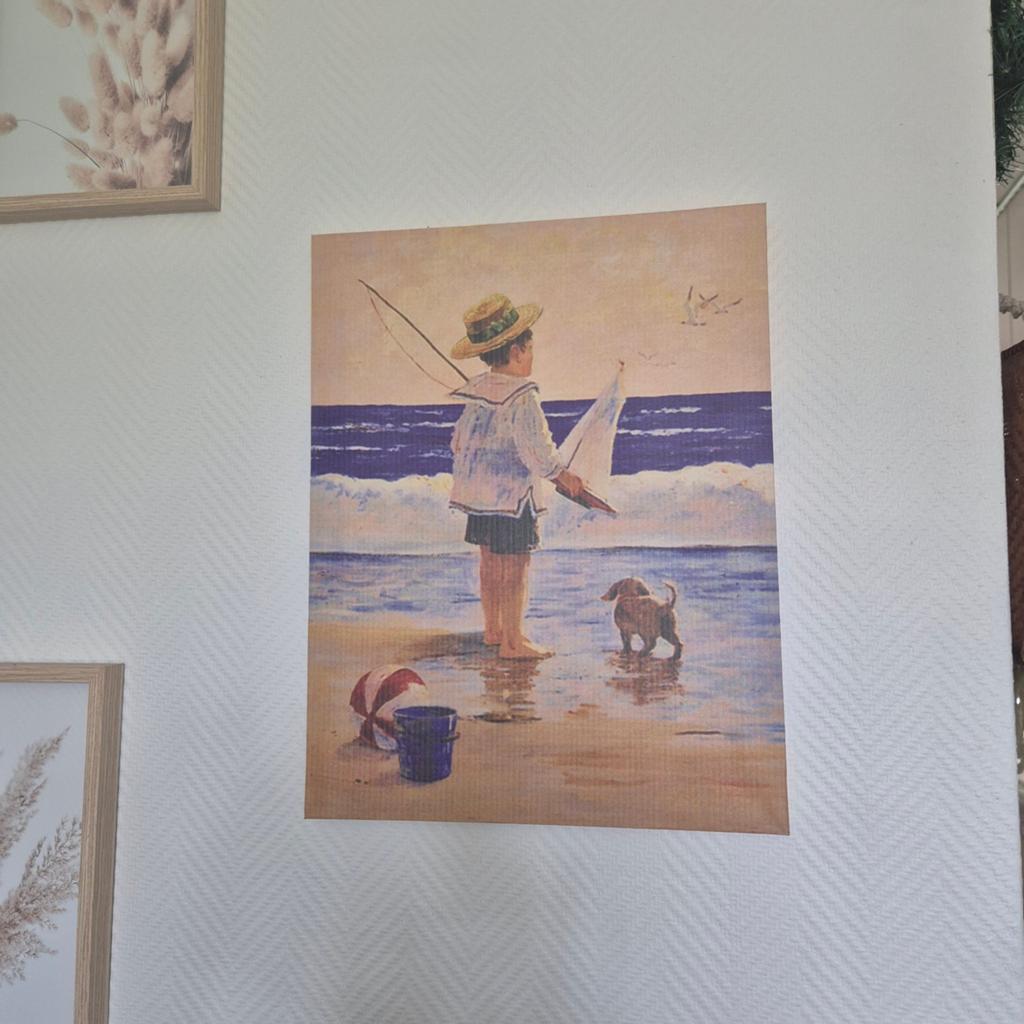 Tableau reproduction style vintage enfant plage chien bateau, Enlèvement ou Envoi