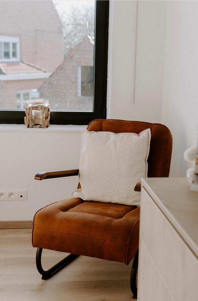 Fauteuil in cognac kleur, Ophalen, Gebruikt, 75 tot 100 cm, Stof