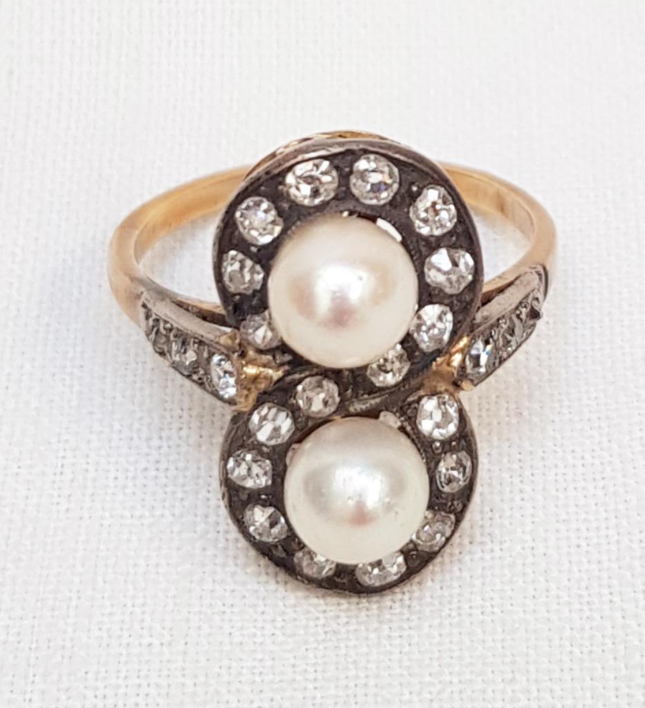 Bague vintage en perles de 14 carats et diamant., Enlèvement ou Envoi, Or, Bague, Avec pierre précieuse