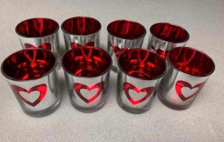 Theelicht glaasjes(8st) met hartjes op, Ophalen of Verzenden