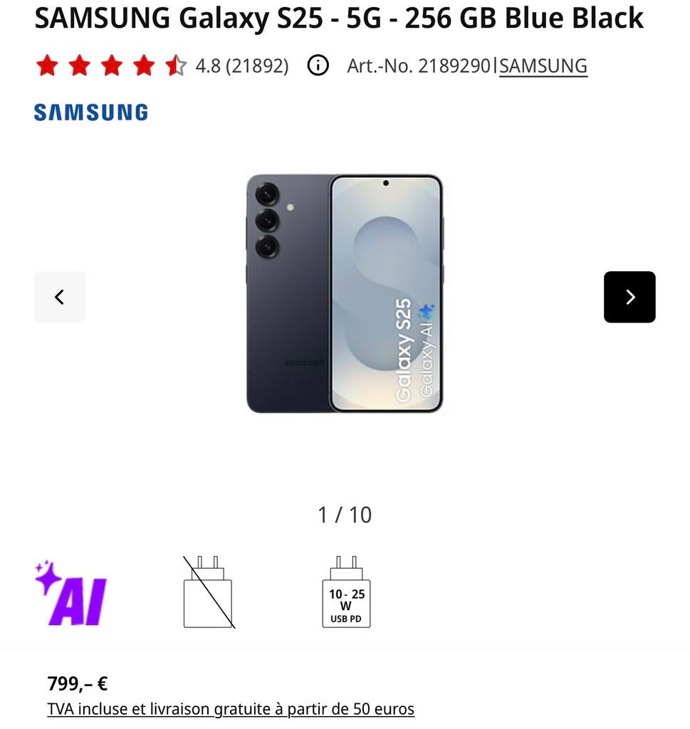 Samsung Galaxy S25 - 128Go Blue Black neuf, Télécoms, Téléphonie mobile | Samsung, Neuf, Autres modèles, 10 mégapixels ou plus