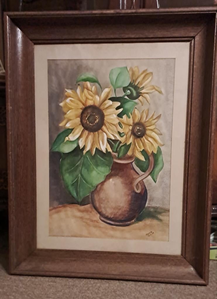Grote houten kader met zonnebloemen achter glas, Antiek en Kunst, Kunst | Schilderijen | Klassiek, Ophalen