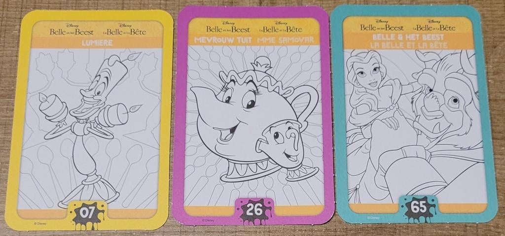 Belle en het Beest: 3 verzamelkaarten Disney Colour Magic, Verzamelen, Ophalen of Verzenden, Zo goed als nieuw, Film, Foto of Kaart