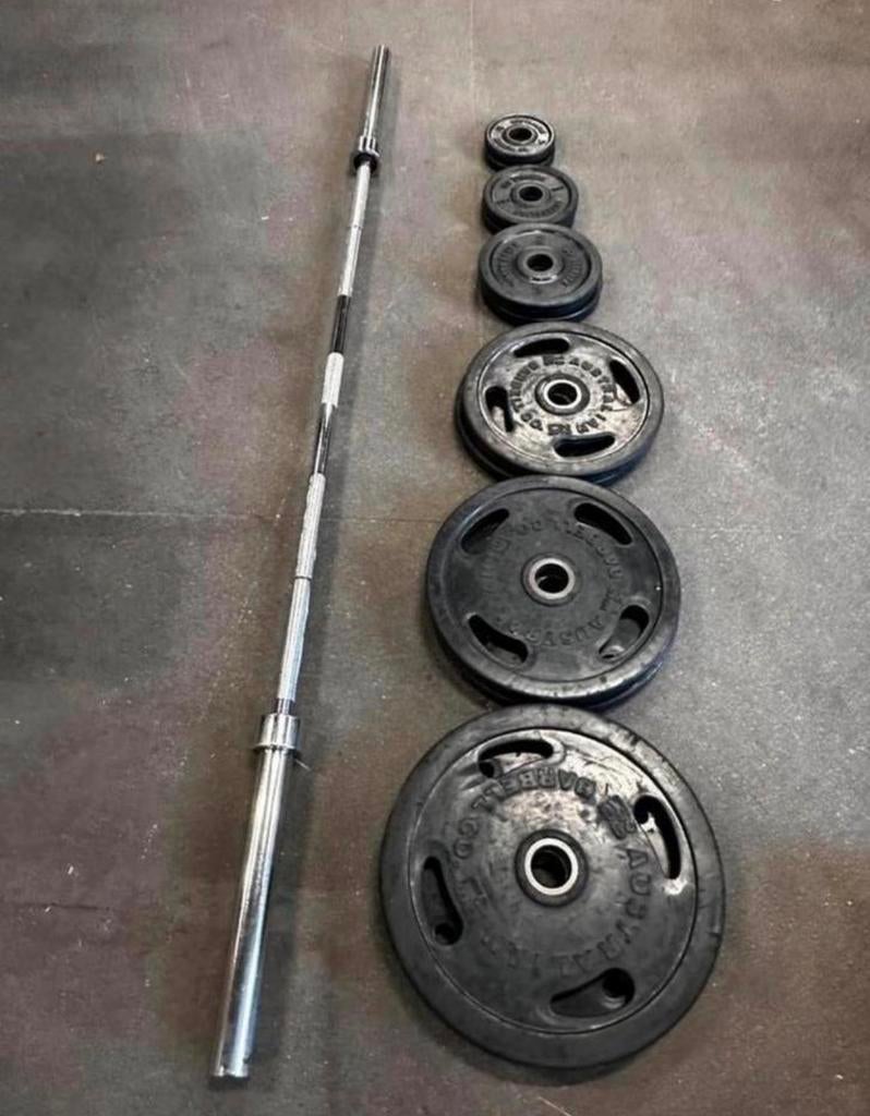 107,5kg Rubberen Olympische Grip Gewichten + Halterstang, Ophalen, Gebruikt, Halterschijven