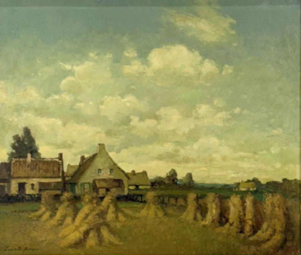 Louis De Saeger (1908-1988): Hoeve met vlasmijten (89x79cm), Ophalen of Verzenden