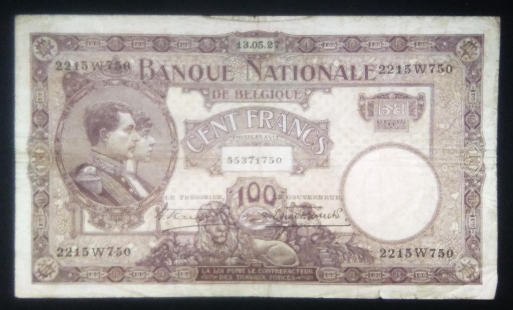 belgie 100 frank/20 belgas nationale reeks paars 13-05-1927, Postzegels en Munten, Bankbiljetten | België, Ophalen of Verzenden