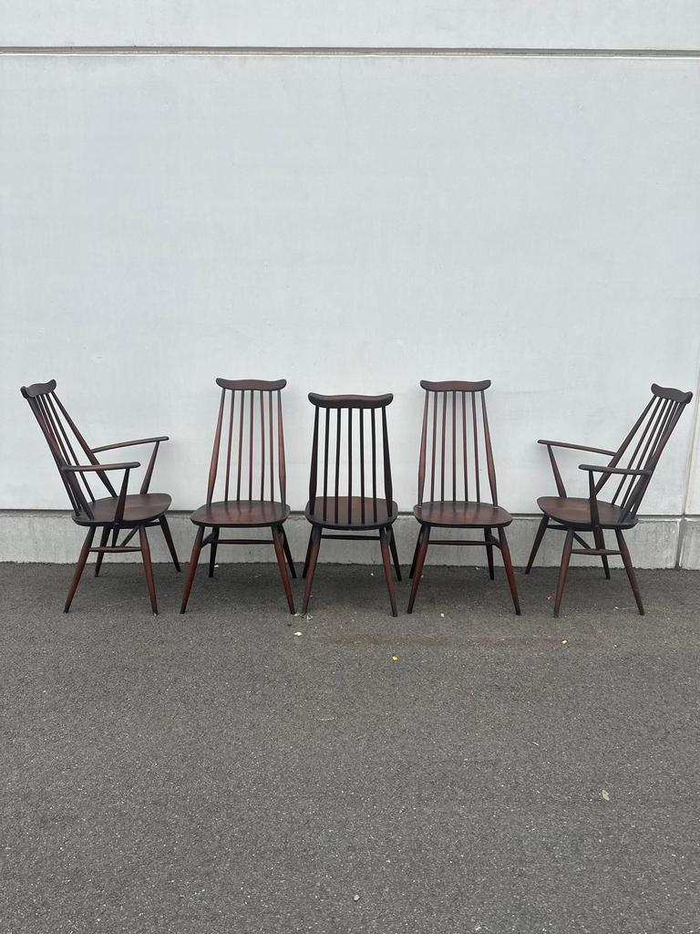 Set stoelen Windsor Moustache-Ercol- jaren 60-70, Huis en Inrichting, Stoelen, Gebruikt, Vijf, Zes of meer stoelen, Hout, Bruin
