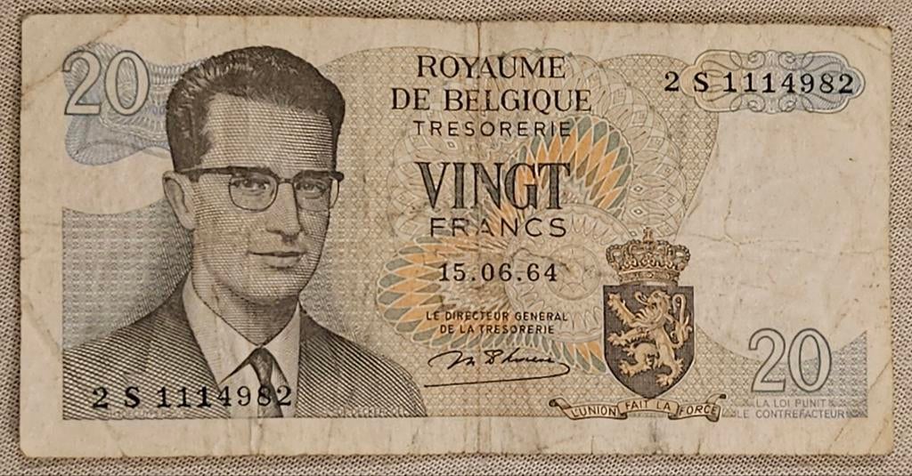 Belgisch bankbiljet van 20 frank uit 1964
Dit is, Postzegels en Munten, Ophalen of Verzenden
