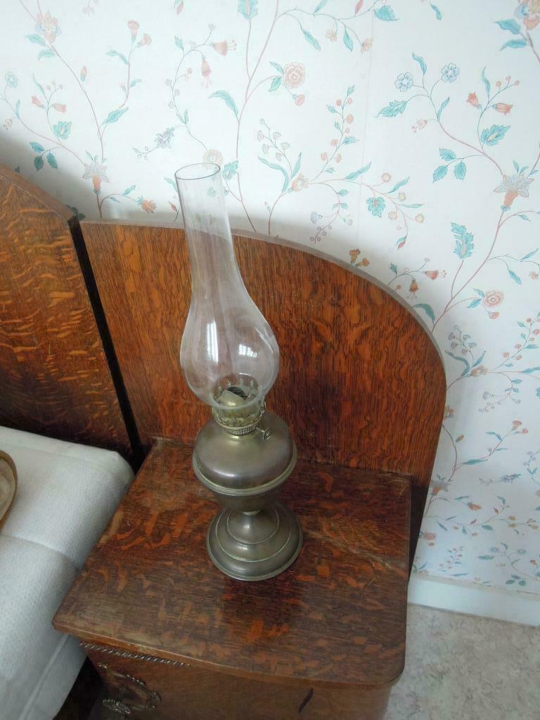 koperen petroliumlamp met glas antiek vintage verlichting, Antiek en Kunst, Ophalen of Verzenden, Koper