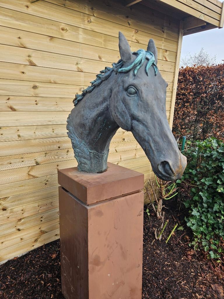 BRONZEN PAARDENHOOFD OP SOKKEL, VAN GOED KUNSTENAAR TOP!!!, Antiek en Kunst, Kunst | Beelden en Houtsnijwerken, Brons, Op sokkel