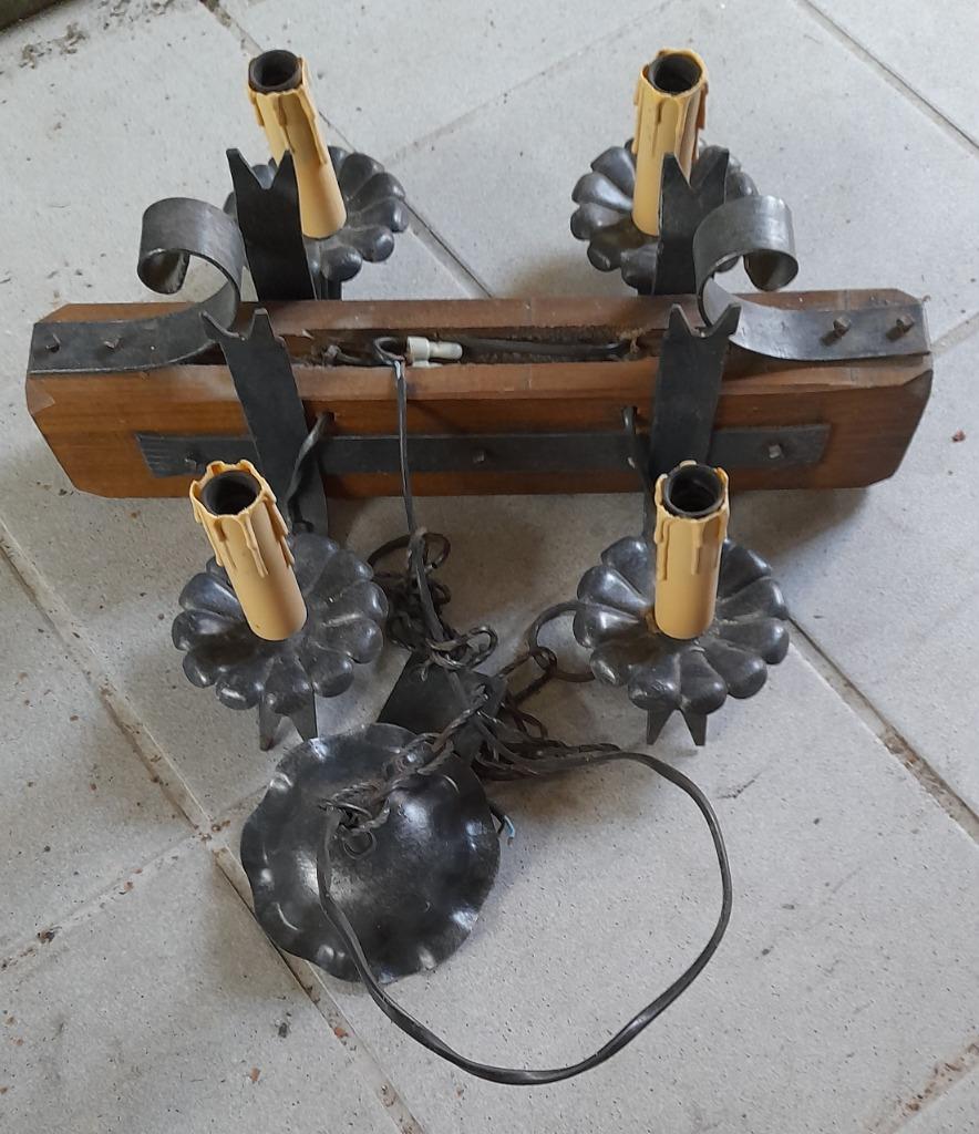 houten oude luster met smeedwerk, Antiek en Kunst, Ophalen of Verzenden