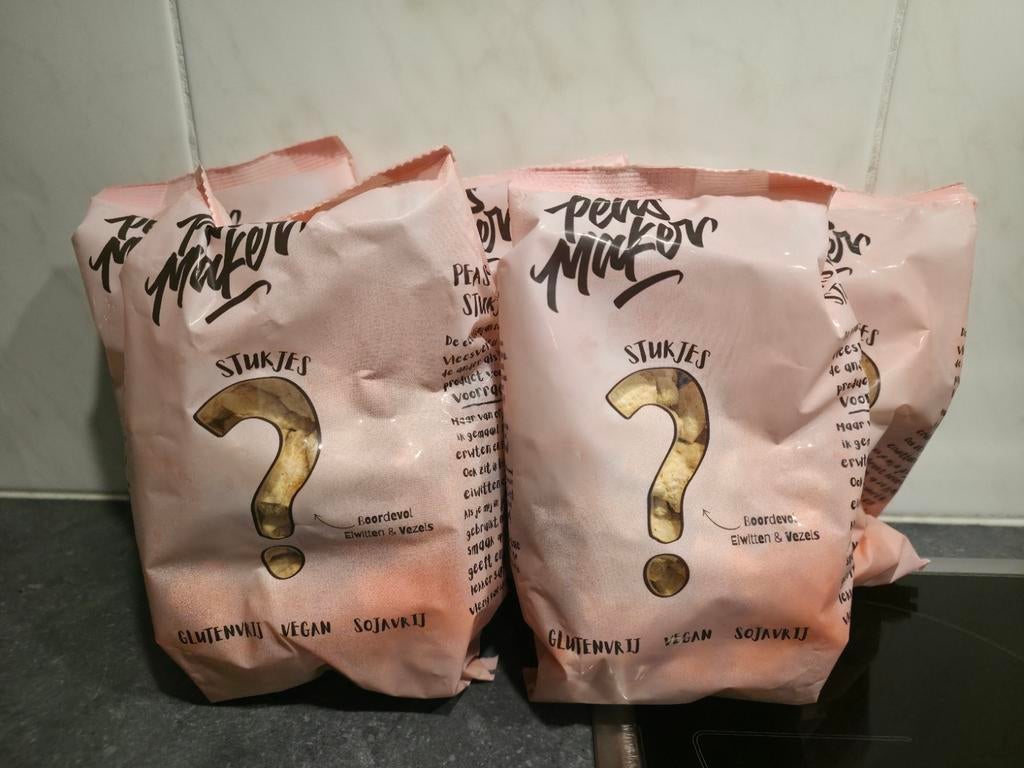 4 zakken van 125gr vegan kipstukjes van Peas Maker, Ophalen