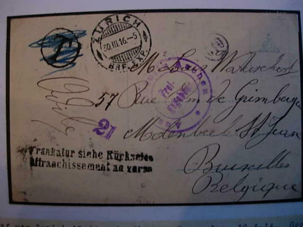 WOI postkaart van zurich naar brussel taxe geschrapt, Postzegels en Munten, Ophalen of Verzenden, Gestempeld, Gestempeld