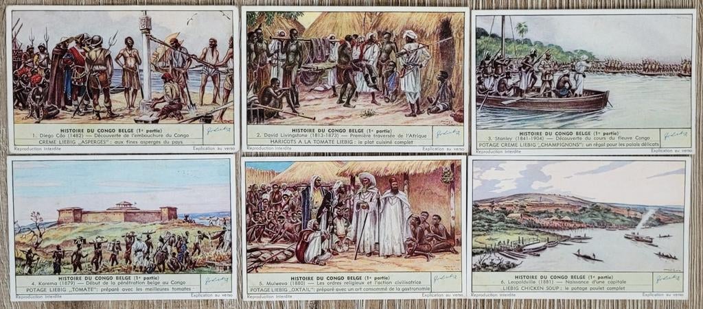 6 oude Liebig prenten: Histoire du Congo Belge - deel 1, Enlèvement ou Envoi, Utilisé, Autres sujets/thèmes, Gravure