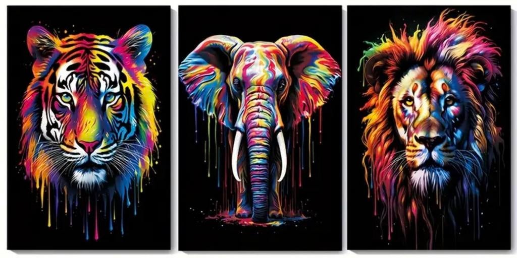 Kleurrijke canvasposters olifant, leeuw en tijger - deco new, Verzamelen, Ophalen of Verzenden, Nieuw, Reclamebord