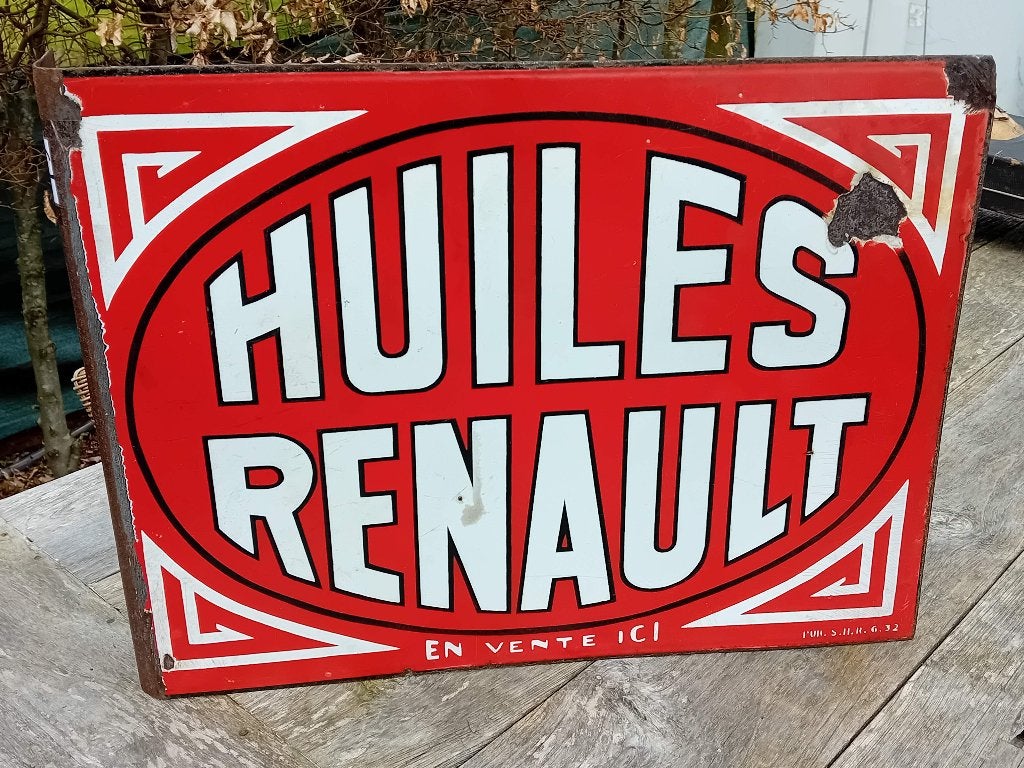 Emaille reclamebord Huiles Renault 1932, Ophalen of Verzenden, Gebruikt, Reclamebord
