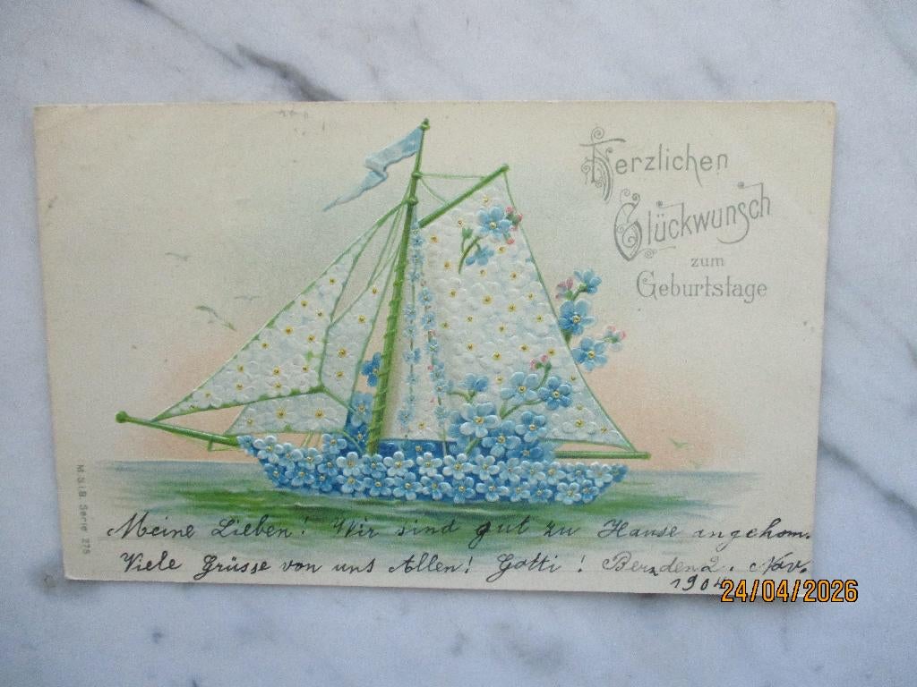 verjaardag zeilboot in bloemen 1904 Zwitserland, Verzamelen, Verzenden, Voor 1920, Gelopen, Feest(dag)