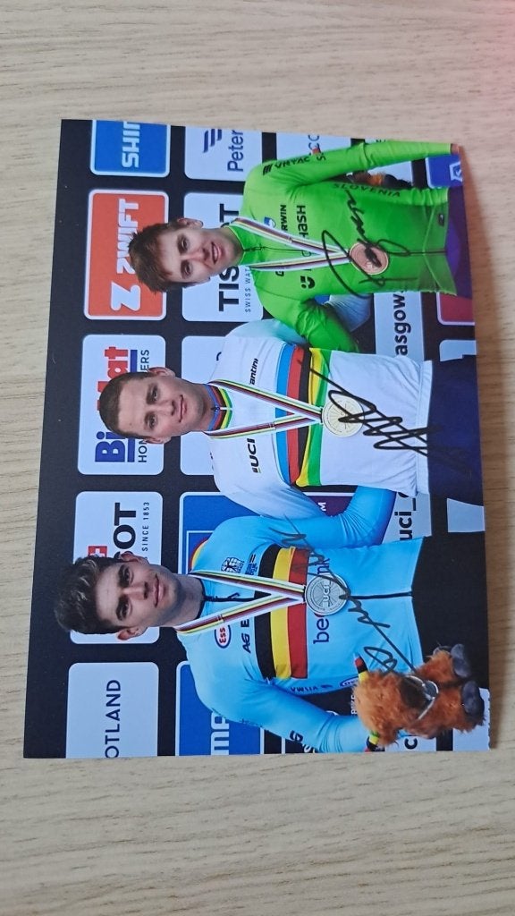 Van der Poel Pogacar Van Aert # Foto met handtekening (print, Verzamelen, Verzenden, Nieuw, Overige typen
