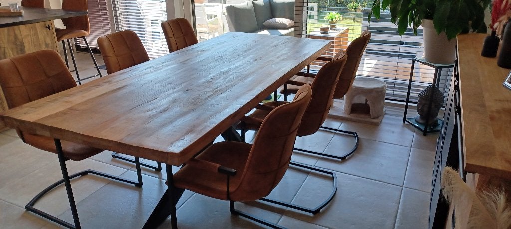 Eettafel in mangohout + 6 stoelen, Huis en Inrichting, Tafels | Eettafels, Zo goed als nieuw, Vijf personen of meer, Rechthoekig