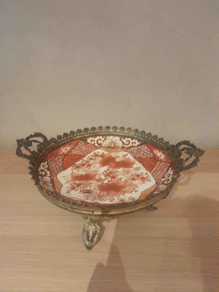 Antieke japanse kutani porseleinen schaal in montuur, Antiek en Kunst, Ophalen
