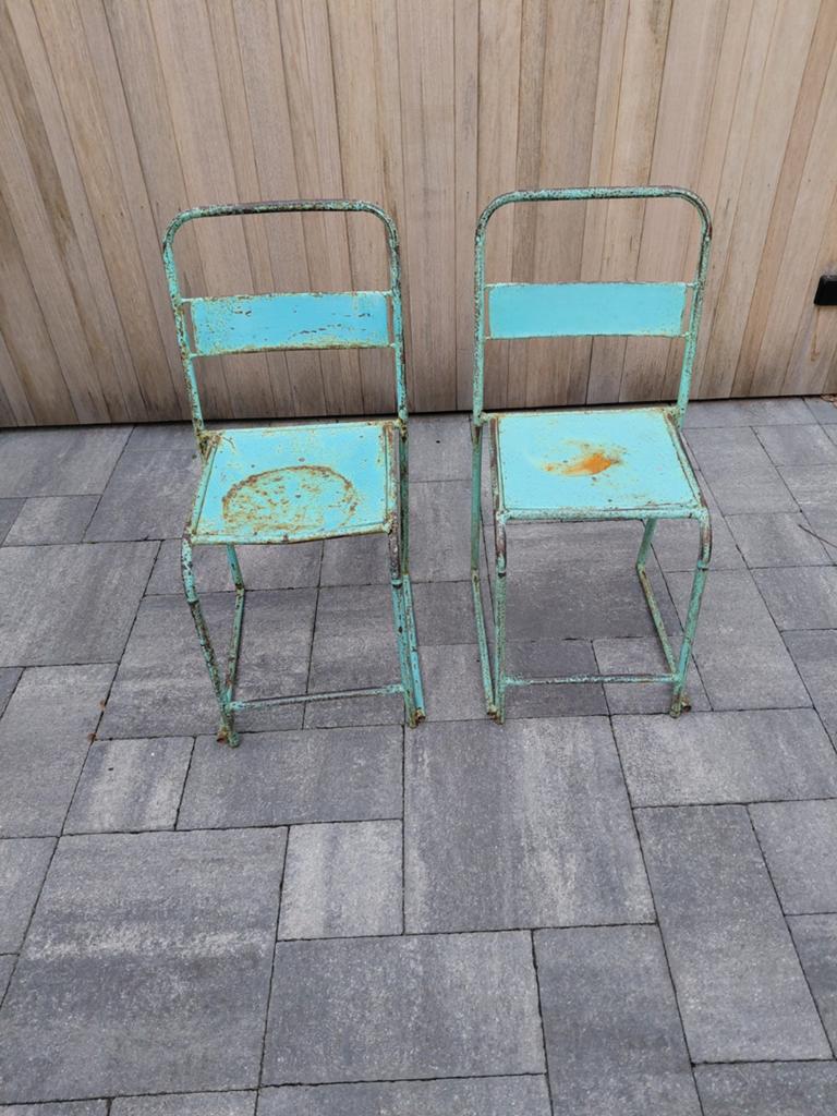 2 Vintage industriële metalen stoelen – turquoise patina, Enlèvement