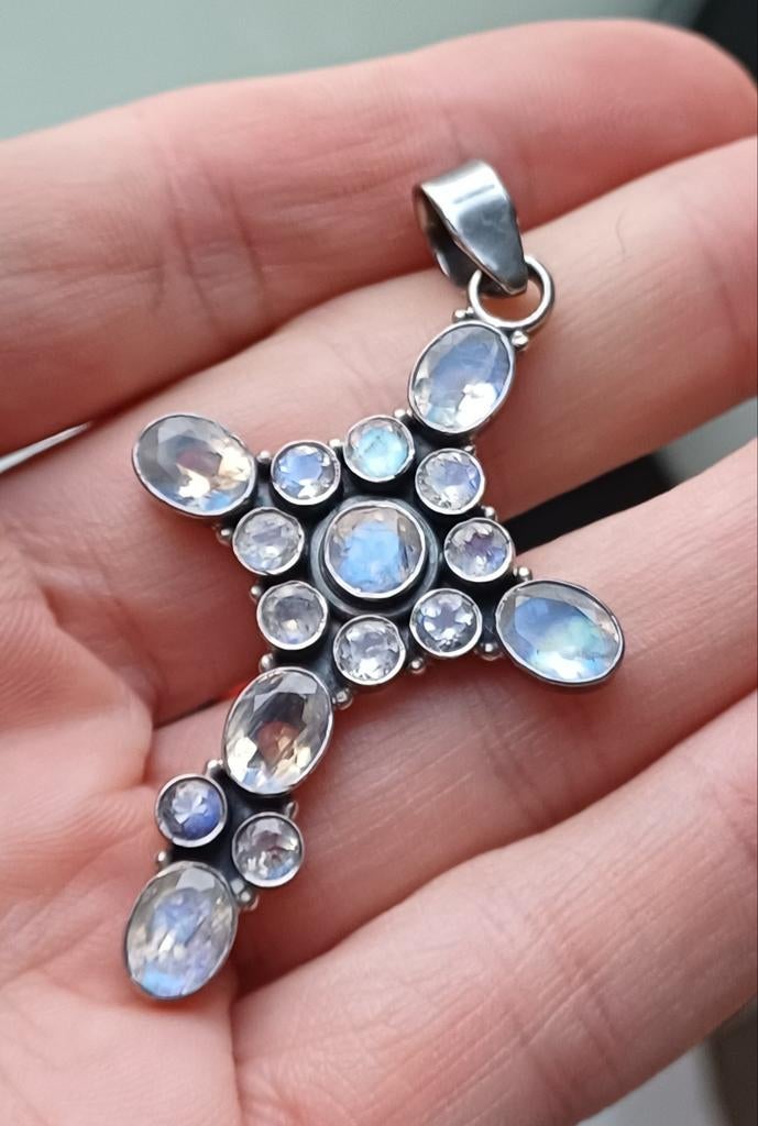 Grande croix en argent (925) avec pierre de lune, Enlèvement ou Envoi, Argent, Argent
