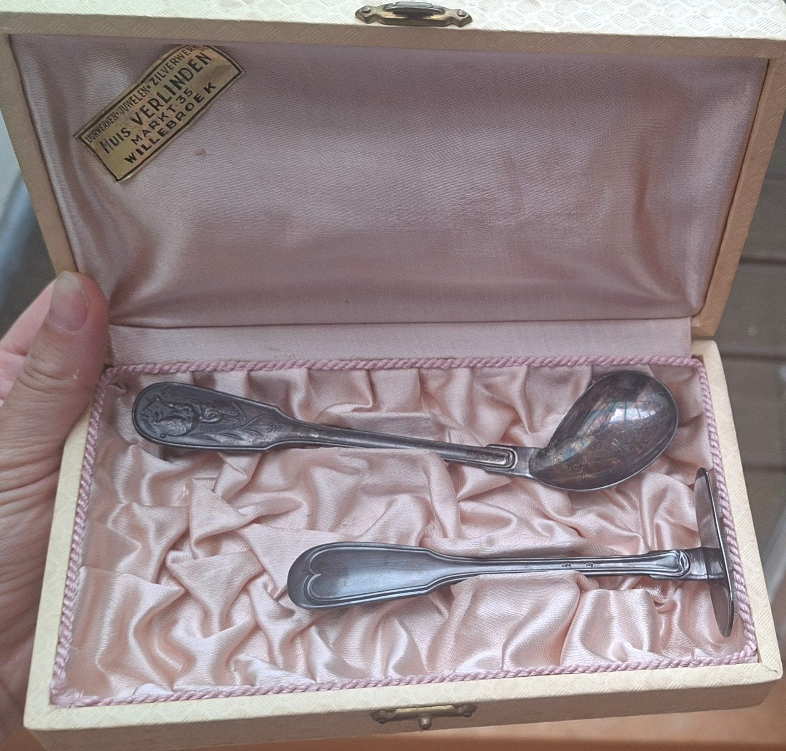 Vintage verzilverd baby lepel en schuiver in originele doos, Ophalen of Verzenden