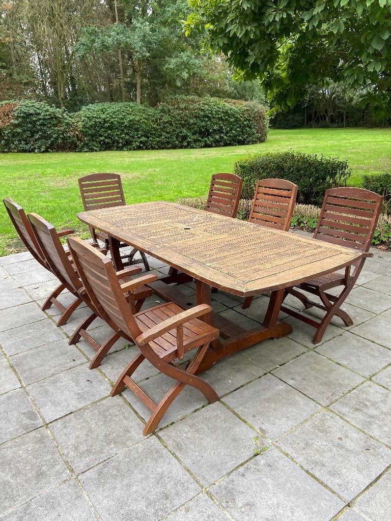 Tuintafel en 7 bijhorende stoelen in teak, Tuin en Terras, Ophalen, Gebruikt, Rechthoekig, Teakhout