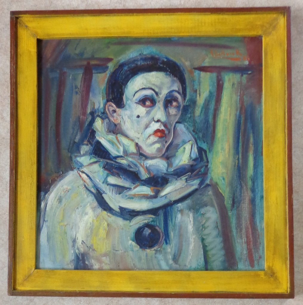 R. DE ROECK / PIERROT / OLIEVERF DOEK / 90x88cm / KADER SIG, Peinture à l'huile, Signé, Figures, Autres matériaux