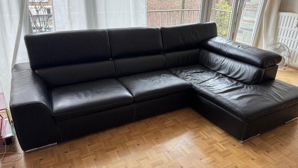 Très beau canapé d’angle en cuir véritable noir, Maison & Meubles, Canapés | Salons, 75 à 100 cm, 250 à 300 cm, Banc d'angle, Quatre personnes ou plus