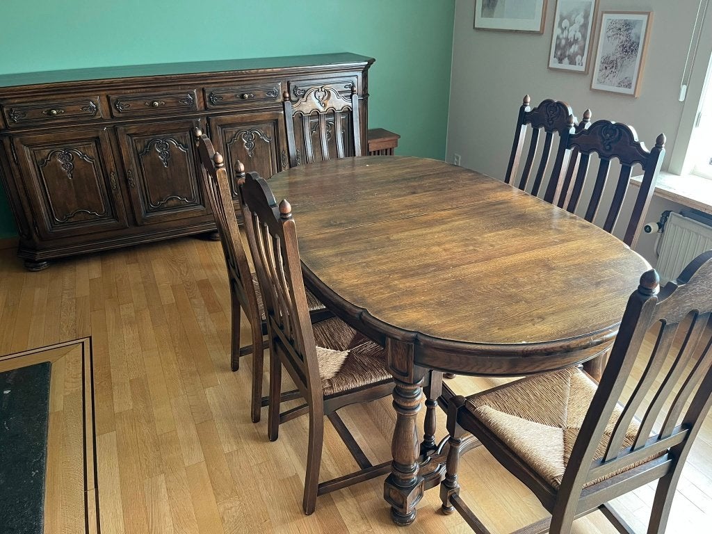 Massief eikenhouten tafel + kasten, Huis en Inrichting, Tafels | Eettafels, Ophalen, Gebruikt, Eikenhout, Vijf personen of meer